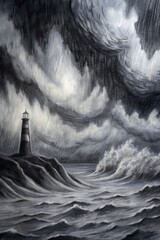 Canvas Print - Dramatic black and white stormy sea with a lighthouse.