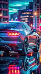 Wall Mural - Modern Sport Car Back View In A City Setting During Dusk. Generative AI