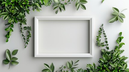 Wall Mural - Grey background decor: white frame, plants - top view