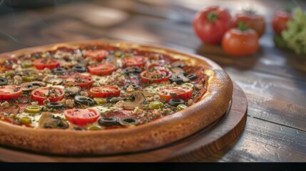 Wall Mural - A pizza with lots of toppings including tomatoes, olives, and mushrooms