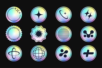 Gradient hologram sticker set. Label, tag vector elements. Futuristic trendy y2k isolated elements.