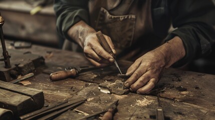 A man is working on a project, using a variety of tools including a knife