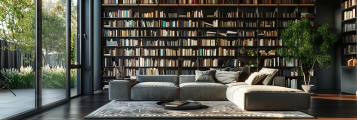 Wall Mural - Modern Cozy Living Room with Bookshelves - A spacious living room featuring large bookshelves, a comfortable couch, natural light, greenery, and a stylish rug, creating a relaxing reading environment.