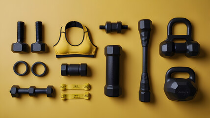 Wall Mural - Fitness accessories top view. Sport and gym equipment isolated on yellow background