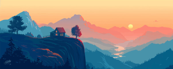 Wall Mural - A serene mountaintop retreat with panoramic views of the landscape. Vector flat minimalistic isolated illustration.