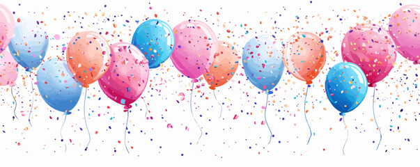 Festive party decorations and balloons with confetti on a plain white background. Vector flat isolated illustration.