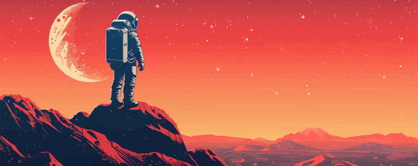 Sci-fi astronaut exploring a distant alien planet Vector flat minimalistic isolated illustration