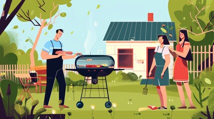 A man is grilling food outside while two women stand nearby