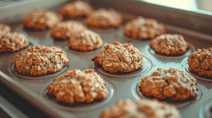 Canvas Print - Selective focus on baking pan with homemade oatmeal cookies