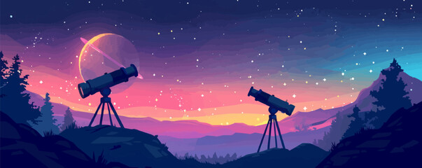 Wall Mural - a celestial observatory with telescopes pointing toward the stars. vector flat minimalistic isolated