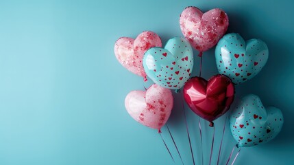 Wall Mural - A bunch of balloons with hearts on them are arranged in a row. The balloons are of different colors, including blue, pink, and red. The arrangement of the balloons creates a festive