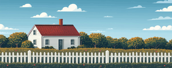 Wall Mural - Quaint countryside farmhouse with a picket fence Vector flat minimalistic isolated illustration