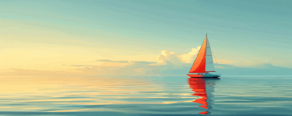 Sticker - Sailing boat gliding on calm waters. Vector flat minimalistic isolated illustration.