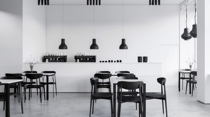 Canvas Print - A restaurant with black chairs and white tables