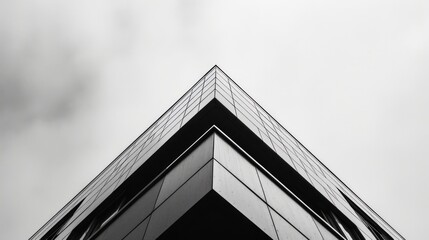 Sticker - A building with a slanted roof and a grey sky in the background