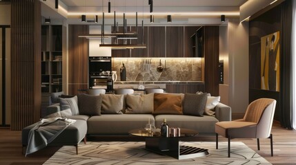 Wall Mural - A modern living room with a large couch, a coffee table, and a chair