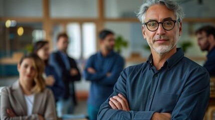 Wall Mural - A man with glasses stands in front of a group of people