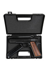 Canvas Print - Modern semi-automatic pistol. A short-barreled weapon for self-defense. Arming the police, special units and the army. Weapon in a case for storage and transportation. Isolate on a white back.