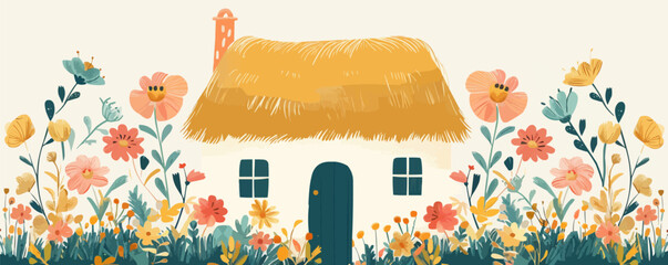 Wall Mural - A whimsical fairy tale cottage with a thatched roof and colorful flowers in the garden. Vector flat minimalistic isolated illustration.