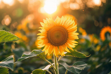 Poster - A bright sunflower in full bloom captured in a field at sunset, representing positivity and the beauty of nature.