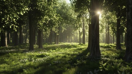 Canvas Print - A forest with a sun shining through the trees