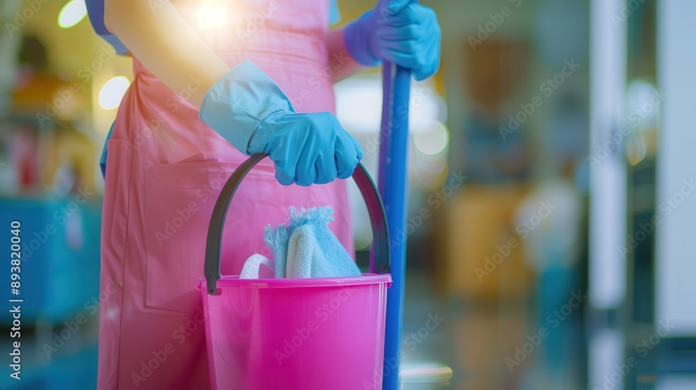 Cleaning lady wearing pink apron and blue gloves, holding the bucket ...