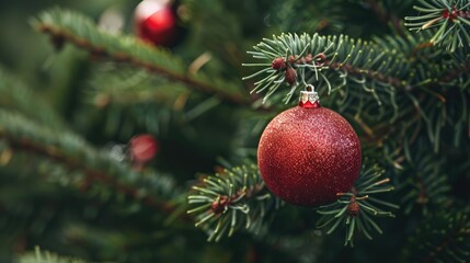 Red ornament on adorned Christmas tree