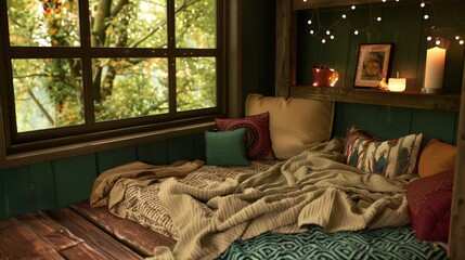 Wall Mural - A cozy bedroom with a bed covered in a blanket and pillows