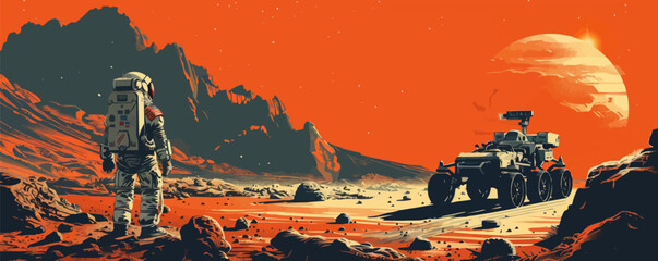 Wall Mural - sci-fi astronaut exploring an alien landscape with a rover vector flat minimalistic isolated illustr
