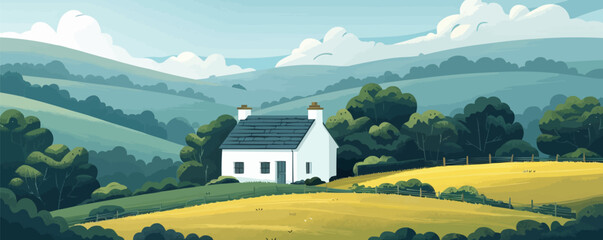 Wall Mural - A quaint countryside cottage nestled among rolling hills. Vector flat minimalistic isolated illustration.