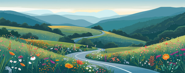 Wall Mural - A tranquil countryside road winding through rolling hills and fields of wildflowers. Vector flat minimalistic isolated