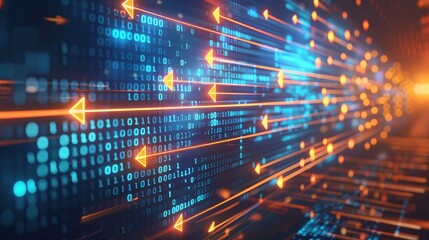 Sticker - Dynamic Data Flow with Binary and Arrows - This image symbolizes technology, data transfer, digital transformation, innovation, and the evolution of information systems.