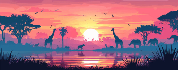 Sticker - Exotic safari landscape with wild animals Vector flat minimalistic isolated illustration