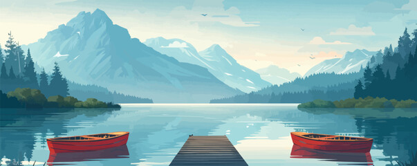 Wall Mural - Serene mountain lake with a wooden dock and fishing boats Vector flat minimalistic isolated illustration