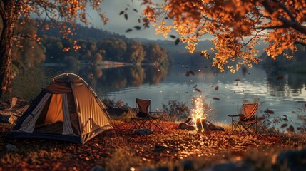 Canvas Print - Campsite by the Lake in Autumn