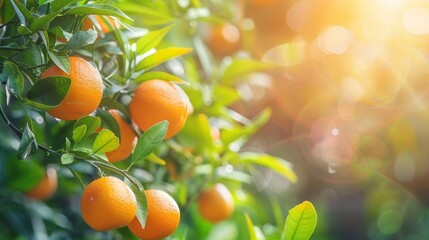 Canvas Print - Bright Oranges on a Lush Tree Branch - A sunny scene showcasing vibrant oranges hanging from a green tree, symbolizing freshness, vitality, harvest, nature, and abundance.