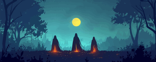 Wall Mural - Enigmatic moonlit ritual conducted by mysterious cloaked figures. Vector flat minimalistic isolated illustration.