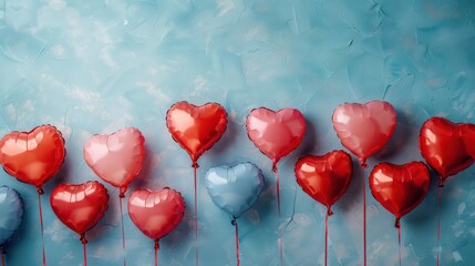 Wall Mural - A bunch of red and blue balloons with hearts on them. The balloons are arranged in a row and are on a blue background