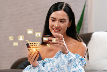 Elegant customer wearing blue dress controlling device choosing online platform. Smart consumer watching gadget opening e-commerce application using cashless technology shopping inventory. Cybercash.