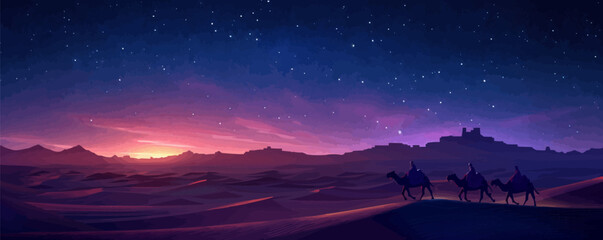 Wall Mural - arabian caravan crossing the desert under a starry night sky. vector flat minimalistic isolated illu