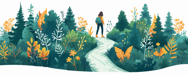 a hiker exploring a winding trail through a lush green forest on a white background. vector flat min