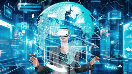 Wall Mural - Businesswoman looking around analyzed world circle finance data graph turn on through VR glasses global market interface digital infographic network technology visual hologram animation. Contraption.