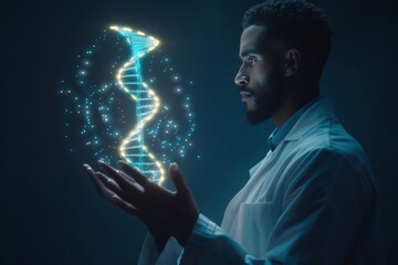 illuminated dna structure in the hands of a focused scientist on dark background