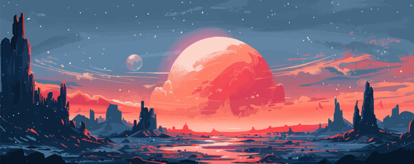Wall Mural - xenomorphic organism thriving in the alien landscape of a distant world. vector flat minimalistic is