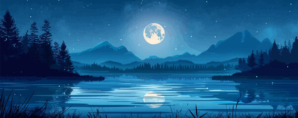 Wall Mural - Full moon illuminating a peaceful nighttime landscape. Vector flat minimalistic isolated illustration.