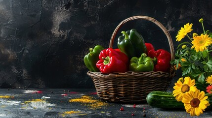 Canvas Print - Vibrant Peppers in a Rustic Basket