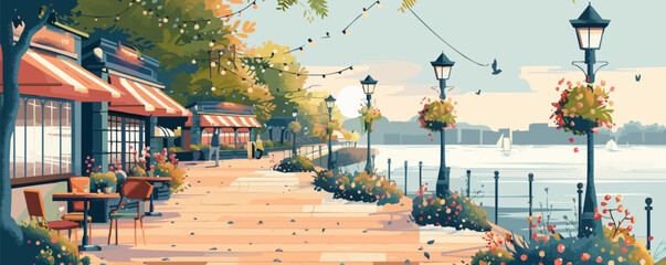 Canvas Print - A tranquil riverside promenade lined with cafes and flower beds. Vector flat minimalistic isolated illustration.