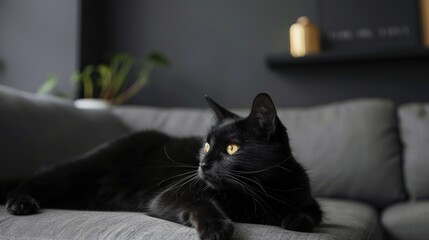 Wall Mural - Black cat portrait in studio with space on black wall