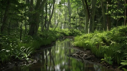 Poster - A lush green forest with a stream running through it