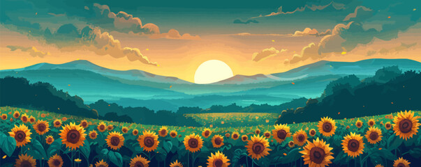 Wall Mural - A radiant sunflower field stretching to the horizon. Vector flat minimalistic isolated illustration.